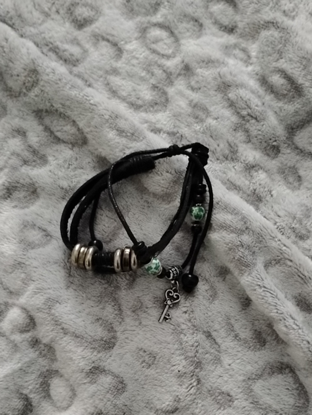 Black Leather Multi-Strand Bracelet with Key Charm and Green Beads